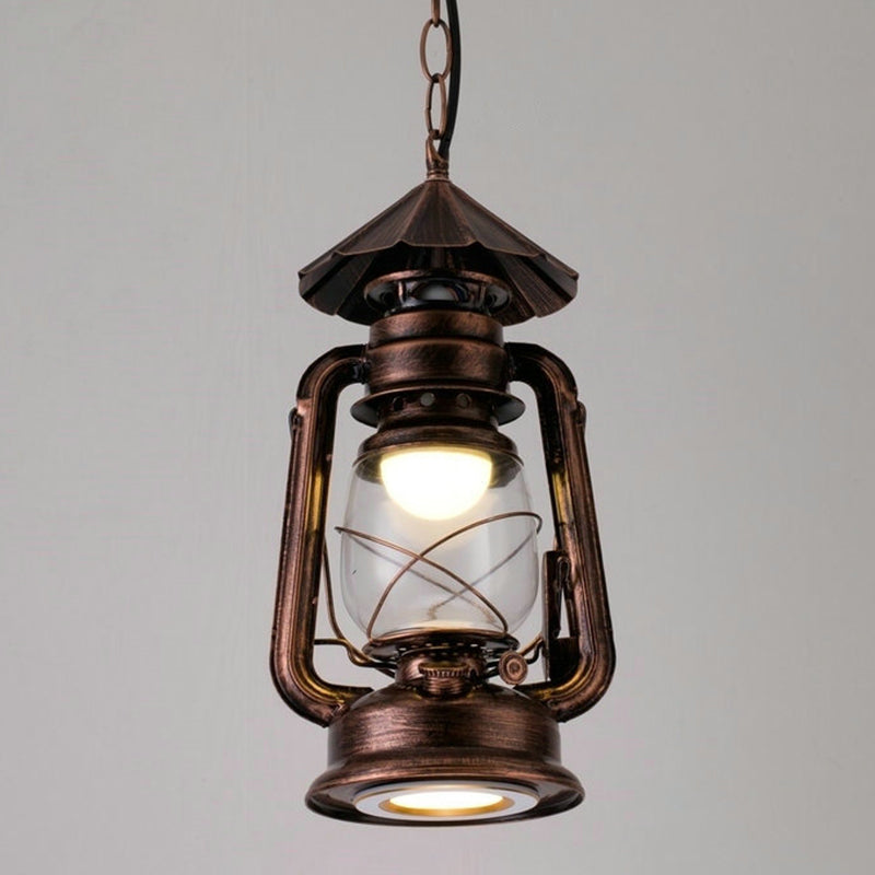 1 Bulb Hanging Light Simplicity Lantern Metallic Kerosene Lighting for Restaurant Copper 8.5" D Clearhalo 'Art Deco Pendants' 'Black' 'Cast Iron' 'Ceiling Lights' 'Ceramic' 'Crystal' 'Industrial' 'Metal' 'Pendant Lights' 'Rustic Pendants' 'Tiffany' Lighting' 2217175