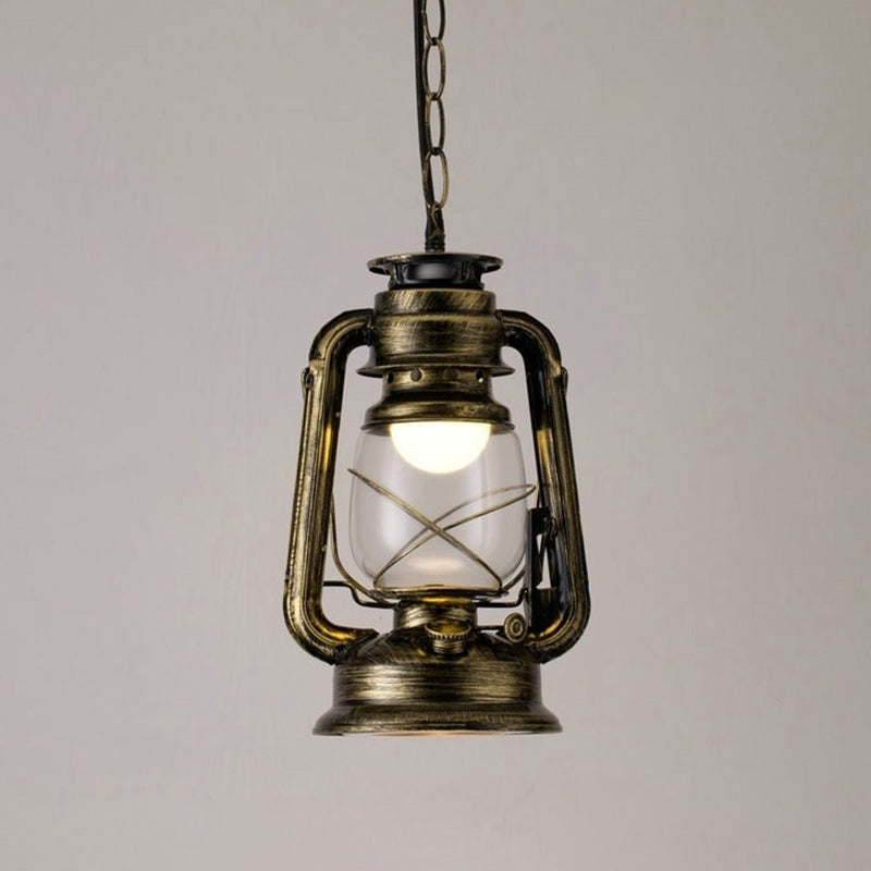 1 Bulb Hanging Light Simplicity Lantern Metallic Kerosene Lighting for Restaurant Bronze 7" A Clearhalo 'Art Deco Pendants' 'Black' 'Cast Iron' 'Ceiling Lights' 'Ceramic' 'Crystal' 'Industrial' 'Metal' 'Pendant Lights' 'Rustic Pendants' 'Tiffany' Lighting' 2217176