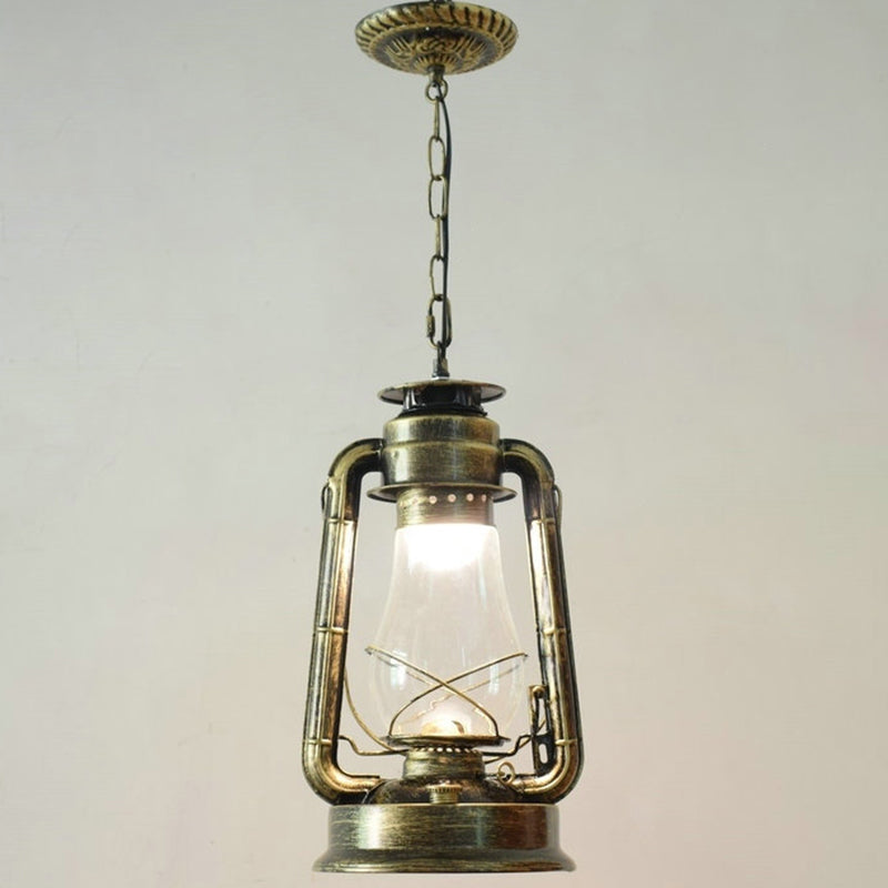 1 Bulb Hanging Light Simplicity Lantern Metallic Kerosene Lighting for Restaurant Bronze 8.5" A Clearhalo 'Art Deco Pendants' 'Black' 'Cast Iron' 'Ceiling Lights' 'Ceramic' 'Crystal' 'Industrial' 'Metal' 'Pendant Lights' 'Rustic Pendants' 'Tiffany' Lighting' 2217177