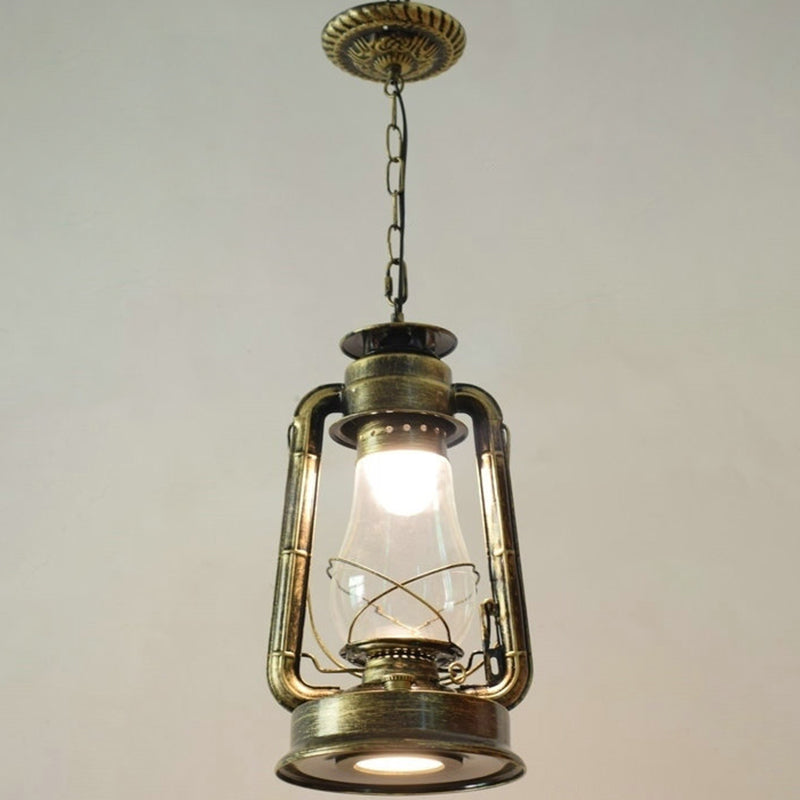 1 Bulb Hanging Light Simplicity Lantern Metallic Kerosene Lighting for Restaurant Bronze 8.5" B Clearhalo 'Art Deco Pendants' 'Black' 'Cast Iron' 'Ceiling Lights' 'Ceramic' 'Crystal' 'Industrial' 'Metal' 'Pendant Lights' 'Rustic Pendants' 'Tiffany' Lighting' 2217179