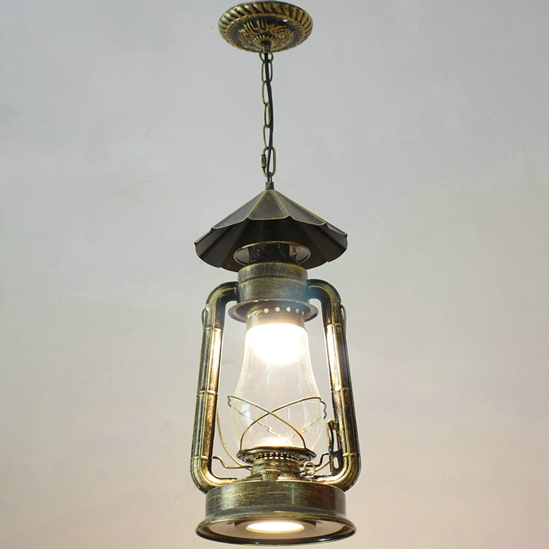 1 Bulb Hanging Light Simplicity Lantern Metallic Kerosene Lighting for Restaurant Bronze 8.5" C Clearhalo 'Art Deco Pendants' 'Black' 'Cast Iron' 'Ceiling Lights' 'Ceramic' 'Crystal' 'Industrial' 'Metal' 'Pendant Lights' 'Rustic Pendants' 'Tiffany' Lighting' 2217181