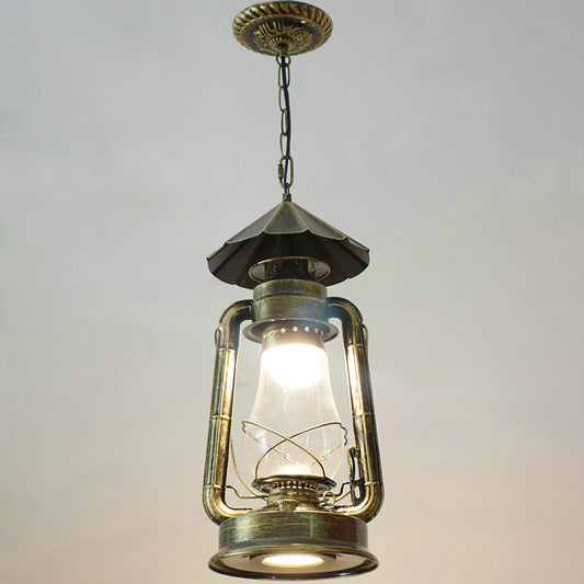 1 Bulb Hanging Light Simplicity Lantern Metallic Kerosene Lighting for Restaurant Bronze 8.5" C Clearhalo 'Art Deco Pendants' 'Black' 'Cast Iron' 'Ceiling Lights' 'Ceramic' 'Crystal' 'Industrial' 'Metal' 'Pendant Lights' 'Rustic Pendants' 'Tiffany' Lighting' 2217181