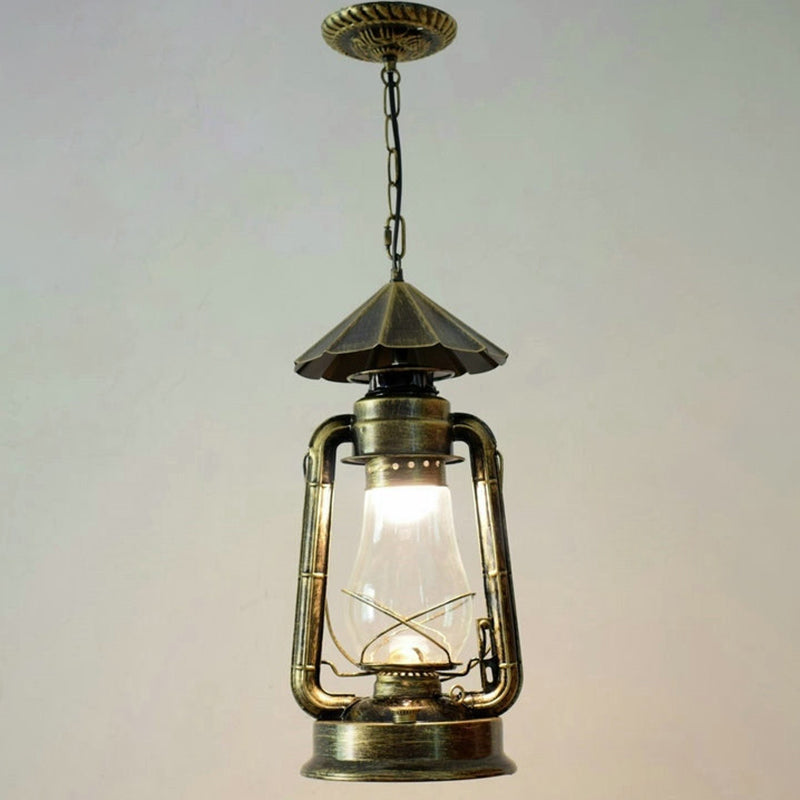 1 Bulb Hanging Light Simplicity Lantern Metallic Kerosene Lighting for Restaurant Bronze 8.5" D Clearhalo 'Art Deco Pendants' 'Black' 'Cast Iron' 'Ceiling Lights' 'Ceramic' 'Crystal' 'Industrial' 'Metal' 'Pendant Lights' 'Rustic Pendants' 'Tiffany' Lighting' 2217183
