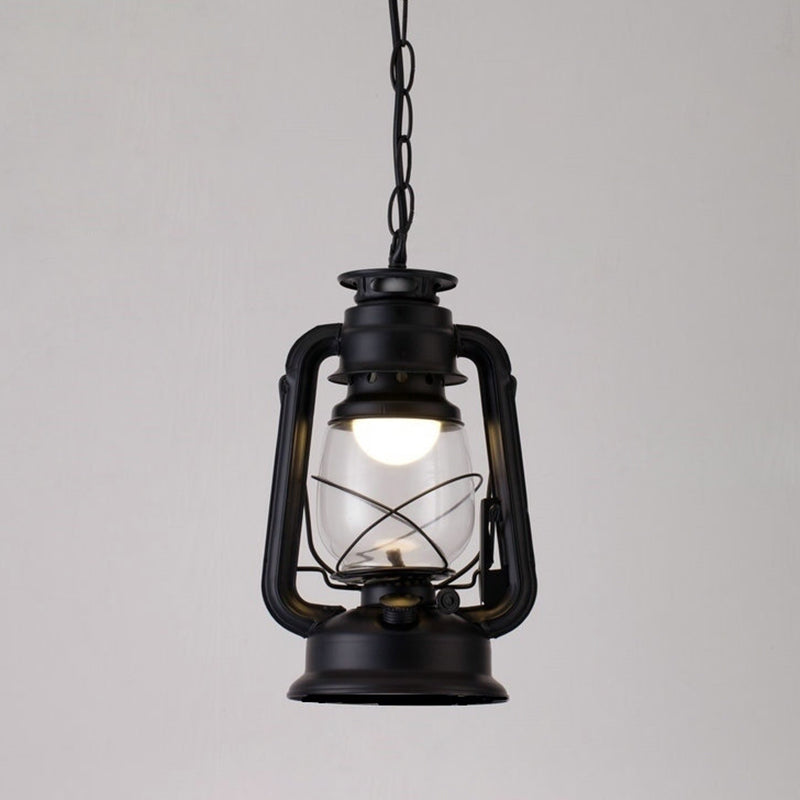 1 Bulb Hanging Light Simplicity Lantern Metallic Kerosene Lighting for Restaurant Black 7" A Clearhalo 'Ceiling Lights' 'Industrial Pendants' 'Industrial' 'Middle Century Pendants' 'Pendant Lights' 'Pendants' 'Tiffany' Lighting' 2217184_c88096b0-0325-4454-96d2-ca169c02e7cf