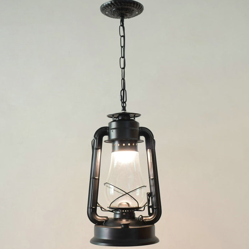 1 Bulb Hanging Light Simplicity Lantern Metallic Kerosene Lighting for Restaurant Black 8.5" A Clearhalo 'Art Deco Pendants' 'Black' 'Cast Iron' 'Ceiling Lights' 'Ceramic' 'Crystal' 'Industrial' 'Metal' 'Pendant Lights' 'Rustic Pendants' 'Tiffany' Lighting' 2217185
