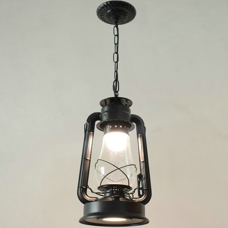 1 Bulb Hanging Light Simplicity Lantern Metallic Kerosene Lighting for Restaurant Black 8.5" B Clearhalo 'Art Deco Pendants' 'Black' 'Cast Iron' 'Ceiling Lights' 'Ceramic' 'Crystal' 'Industrial' 'Metal' 'Pendant Lights' 'Rustic Pendants' 'Tiffany' Lighting' 2217187