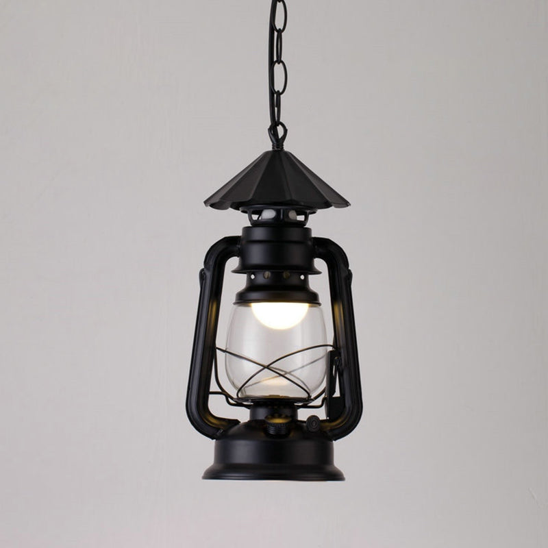 1 Bulb Hanging Light Simplicity Lantern Metallic Kerosene Lighting for Restaurant Black 7" C Clearhalo 'Ceiling Lights' 'Industrial Pendants' 'Industrial' 'Middle Century Pendants' 'Pendant Lights' 'Pendants' 'Tiffany' Lighting' 2217188_a731d0bd-3657-4b67-baa7-50b1ddd8d921