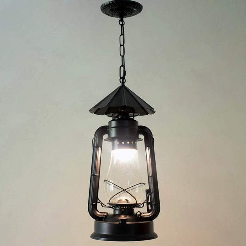 1 Bulb Hanging Light Simplicity Lantern Metallic Kerosene Lighting for Restaurant Black 8.5" C Clearhalo 'Art Deco Pendants' 'Black' 'Cast Iron' 'Ceiling Lights' 'Ceramic' 'Crystal' 'Industrial' 'Metal' 'Pendant Lights' 'Rustic Pendants' 'Tiffany' Lighting' 2217189