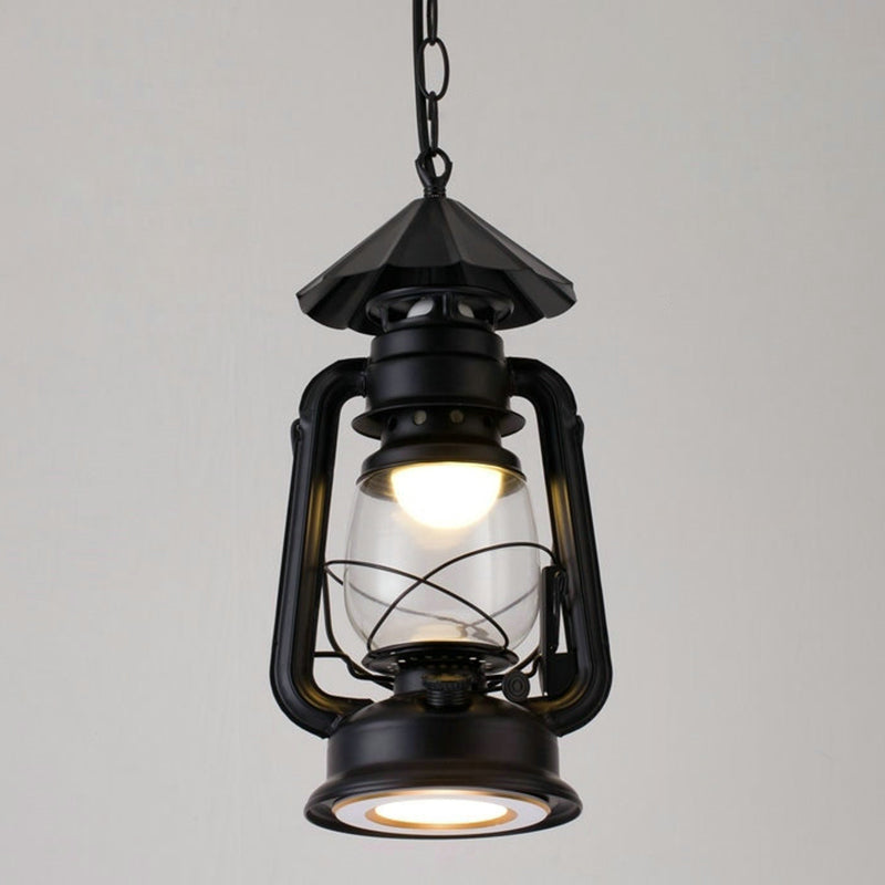 1 Bulb Hanging Light Simplicity Lantern Metallic Kerosene Lighting for Restaurant Black 7" D Clearhalo 'Ceiling Lights' 'Industrial Pendants' 'Industrial' 'Middle Century Pendants' 'Pendant Lights' 'Pendants' 'Tiffany' Lighting' 2217190_12038d59-d13a-40e9-b26b-162c266dc28d