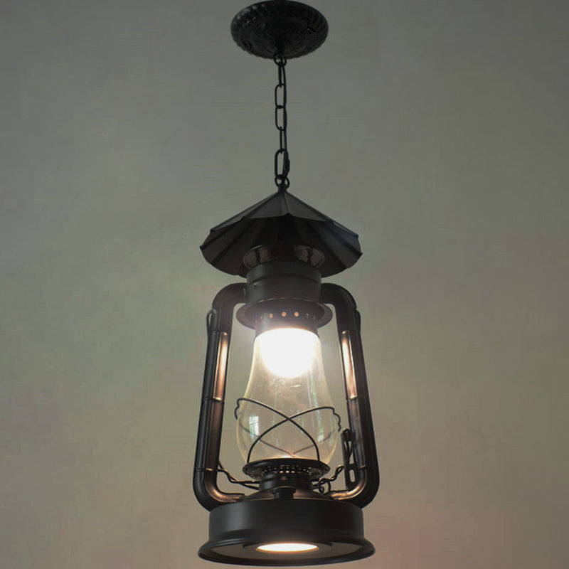 1 Bulb Hanging Light Simplicity Lantern Metallic Kerosene Lighting for Restaurant Black 8.5" D Clearhalo 'Art Deco Pendants' 'Black' 'Cast Iron' 'Ceiling Lights' 'Ceramic' 'Crystal' 'Industrial' 'Metal' 'Pendant Lights' 'Rustic Pendants' 'Tiffany' Lighting' 2217191