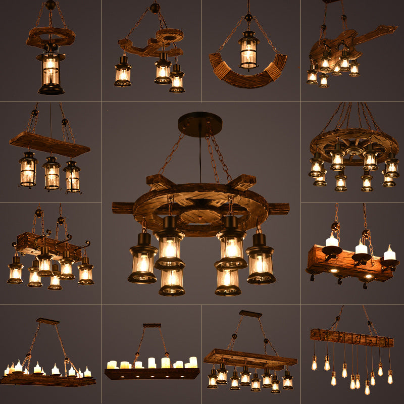 Iron Lantern Chandelier Light Antique Restaurant Commercial Pendant Lighting in Wood Clearhalo 'Carpenter Chandeliers' 'Ceiling Lights' 'Chandeliers' 'Industrial Chandeliers' 'Industrial' 'Middle Century Chandeliers' 'Modern' 'Tiffany' Lighting' 2217208