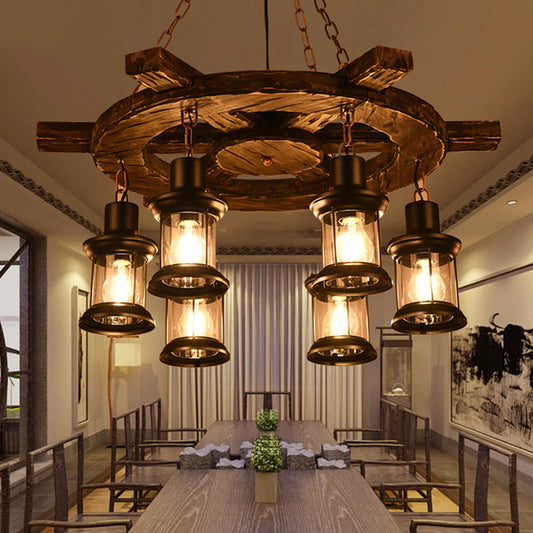Iron Lantern Chandelier Light Antique Restaurant Commercial Pendant Lighting in Wood Clearhalo 'Carpenter Chandeliers' 'Ceiling Lights' 'Chandeliers' 'Industrial Chandeliers' 'Industrial' 'Middle Century Chandeliers' 'Modern' 'Tiffany' Lighting' 2217209