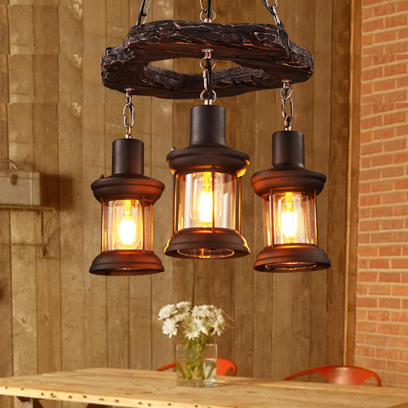 Distressed Wood Lantern Suspension Light Retro Style Clear Glass Restaurant Chandelier Light Clearhalo 'Carpenter Chandeliers' 'Ceiling Lights' 'Chandeliers' 'Industrial Chandeliers' 'Industrial' 'Middle Century Chandeliers' 'Modern' 'Tiffany' Lighting' 2217225