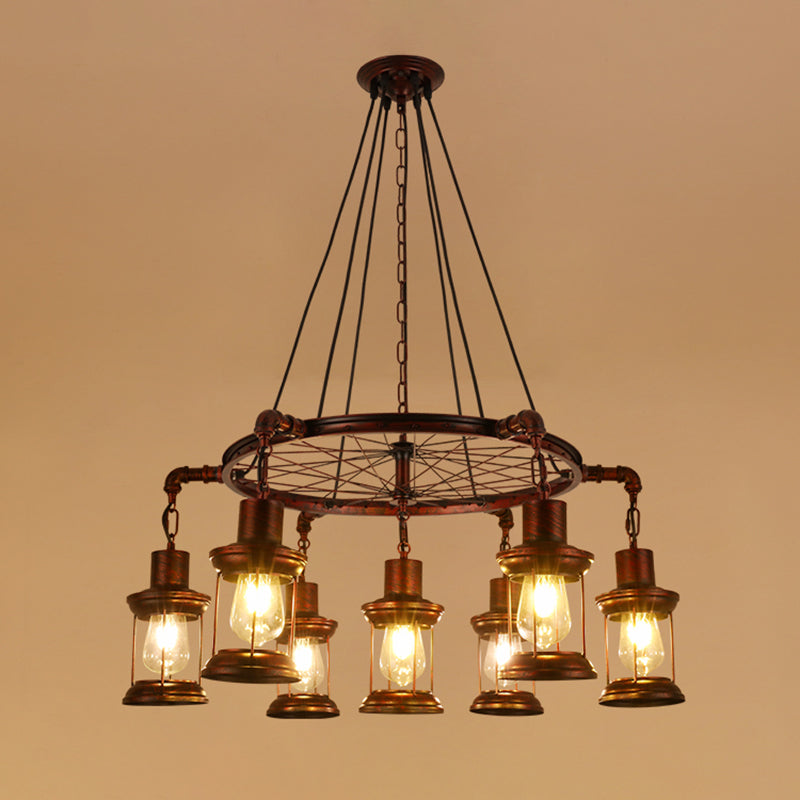 Industrial Wagon Wheel Chandelier Lighting Iron Pendant Light with Clear Glass Shade in Bronze 7 Bronze D Clearhalo 'Cast Iron' 'Ceiling Lights' 'Chandeliers' 'Industrial Chandeliers' 'Industrial' 'Metal' 'Middle Century Chandeliers' 'Rustic Chandeliers' 'Tiffany' Lighting' 2217227