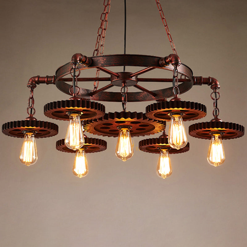 Industrial Wagon Wheel Chandelier Lighting Iron Pendant Light with Clear Glass Shade in Bronze 7 Bronze A Clearhalo 'Cast Iron' 'Ceiling Lights' 'Chandeliers' 'Industrial Chandeliers' 'Industrial' 'Metal' 'Middle Century Chandeliers' 'Rustic Chandeliers' 'Tiffany' Lighting' 2217228