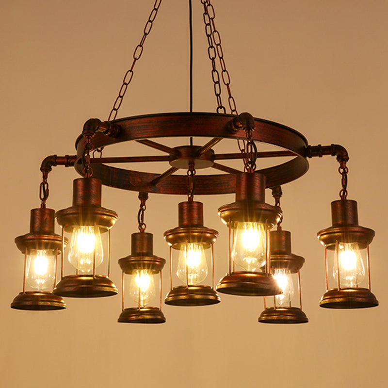 Industrial Wagon Wheel Chandelier Lighting Iron Pendant Light with Clear Glass Shade in Bronze 7 Bronze C Clearhalo 'Cast Iron' 'Ceiling Lights' 'Chandeliers' 'Industrial Chandeliers' 'Industrial' 'Metal' 'Middle Century Chandeliers' 'Rustic Chandeliers' 'Tiffany' Lighting' 2217229