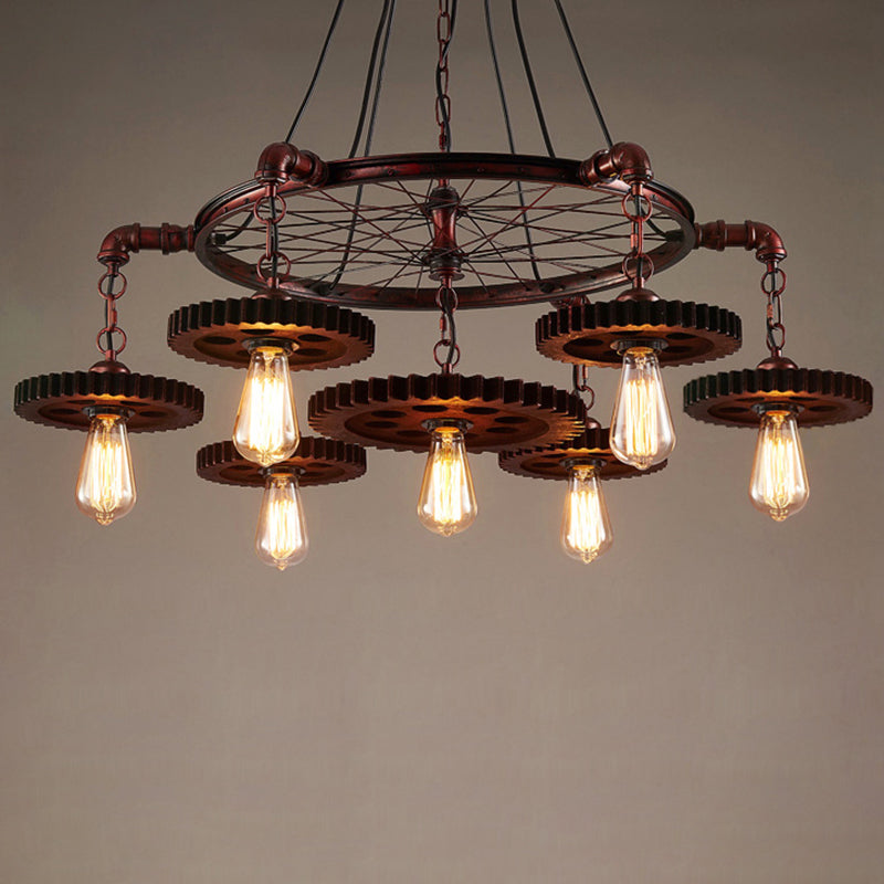 Industrial Wagon Wheel Chandelier Lighting Iron Pendant Light with Clear Glass Shade in Bronze Bronze B Clearhalo 'Cast Iron' 'Ceiling Lights' 'Chandeliers' 'Industrial Chandeliers' 'Industrial' 'Metal' 'Middle Century Chandeliers' 'Rustic Chandeliers' 'Tiffany' Lighting' 2217230