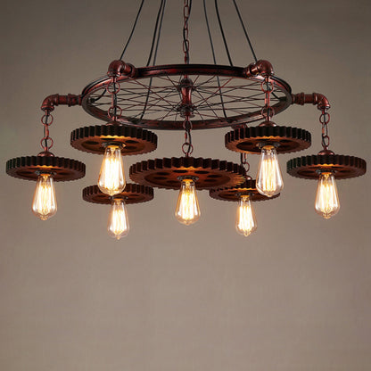 Industrial Wagon Wheel Chandelier Lighting Iron Pendant Light with Clear Glass Shade in Bronze Bronze B Clearhalo 'Cast Iron' 'Ceiling Lights' 'Chandeliers' 'Industrial Chandeliers' 'Industrial' 'Metal' 'Middle Century Chandeliers' 'Rustic Chandeliers' 'Tiffany' Lighting' 2217230