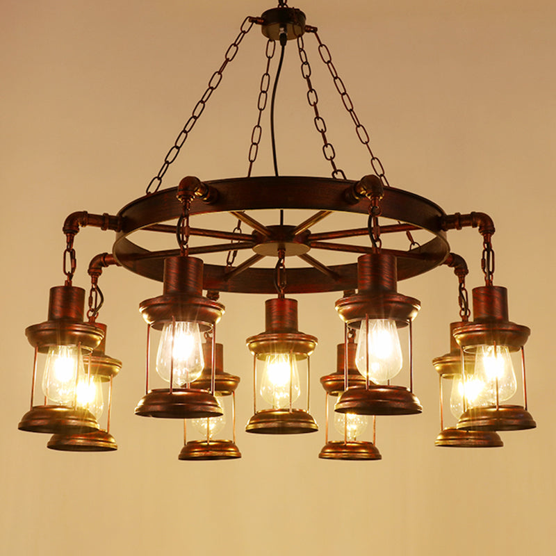 Industrial Wagon Wheel Chandelier Lighting Iron Pendant Light with Clear Glass Shade in Bronze 9 Bronze C Clearhalo 'Cast Iron' 'Ceiling Lights' 'Chandeliers' 'Industrial Chandeliers' 'Industrial' 'Metal' 'Middle Century Chandeliers' 'Rustic Chandeliers' 'Tiffany' Lighting' 2217231