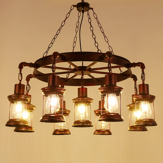 Industrial Wagon Wheel Chandelier Lighting Iron Pendant Light with Clear Glass Shade in Bronze 9 Bronze C Clearhalo 'Cast Iron' 'Ceiling Lights' 'Chandeliers' 'Industrial Chandeliers' 'Industrial' 'Metal' 'Middle Century Chandeliers' 'Rustic Chandeliers' 'Tiffany' Lighting' 2217231
