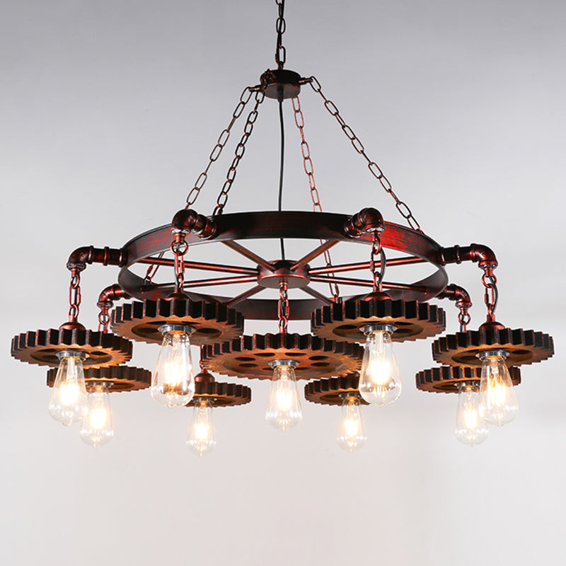 Industrial Wagon Wheel Chandelier Lighting Iron Pendant Light with Clear Glass Shade in Bronze 9 Bronze A Clearhalo 'Cast Iron' 'Ceiling Lights' 'Chandeliers' 'Industrial Chandeliers' 'Industrial' 'Metal' 'Middle Century Chandeliers' 'Rustic Chandeliers' 'Tiffany' Lighting' 2217232