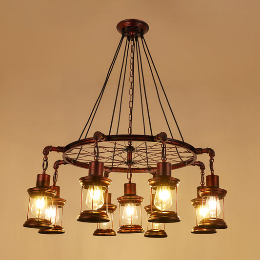 Industrial Wagon Wheel Chandelier Lighting Iron Pendant Light with Clear Glass Shade in Bronze 9 Bronze D Clearhalo 'Cast Iron' 'Ceiling Lights' 'Chandeliers' 'Industrial Chandeliers' 'Industrial' 'Metal' 'Middle Century Chandeliers' 'Rustic Chandeliers' 'Tiffany' Lighting' 2217233
