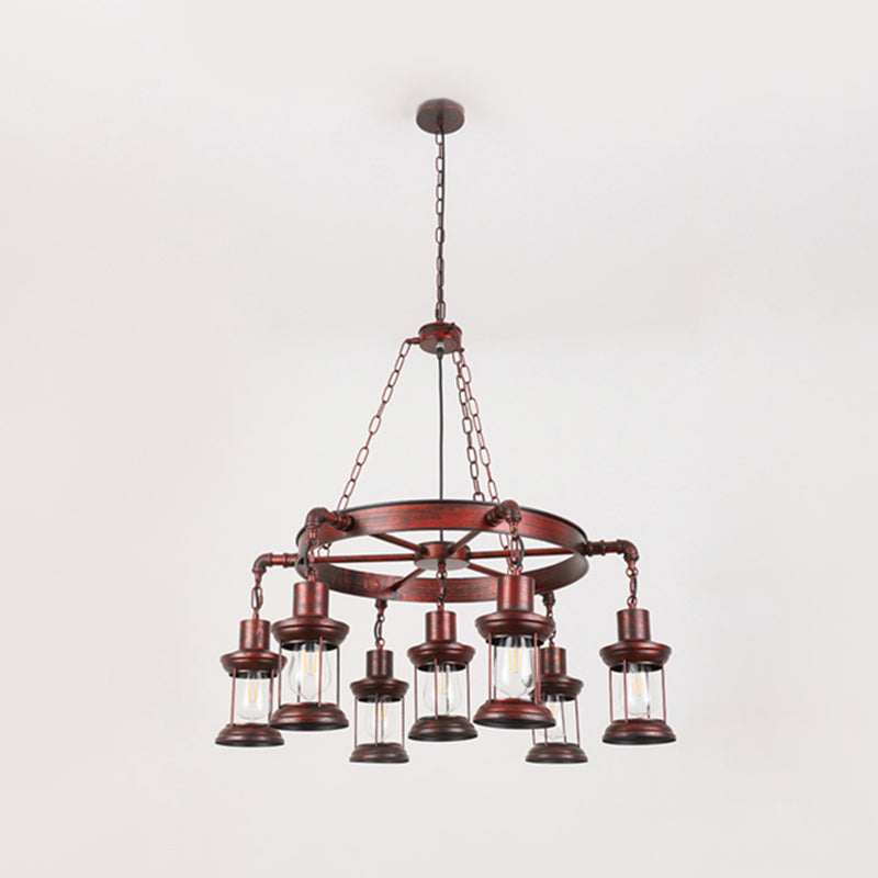 Industrial Wagon Wheel Chandelier Lighting Iron Pendant Light with Clear Glass Shade in Bronze Clearhalo 'Cast Iron' 'Ceiling Lights' 'Chandeliers' 'Industrial Chandeliers' 'Industrial' 'Metal' 'Middle Century Chandeliers' 'Rustic Chandeliers' 'Tiffany' Lighting' 2217234