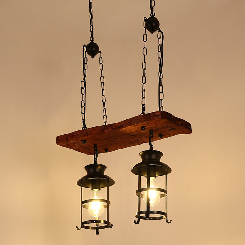 Lantern Iron Ceiling Lighting Nautical Restaurant Chandelier Light Fixture in Wood 2 Wood Clearhalo 'Carpenter Chandeliers' 'Ceiling Lights' 'Chandeliers' 'Industrial Chandeliers' 'Industrial' 'Middle Century Chandeliers' 'Modern' 'Tiffany' Lighting' 2217237