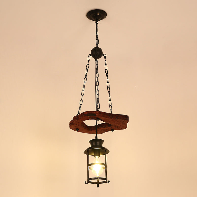 Lantern Iron Ceiling Lighting Nautical Restaurant Chandelier Light Fixture in Wood 1 Wood Clearhalo 'Carpenter Chandeliers' 'Ceiling Lights' 'Chandeliers' 'Industrial Chandeliers' 'Industrial' 'Middle Century Chandeliers' 'Modern' 'Tiffany' Lighting' 2217239