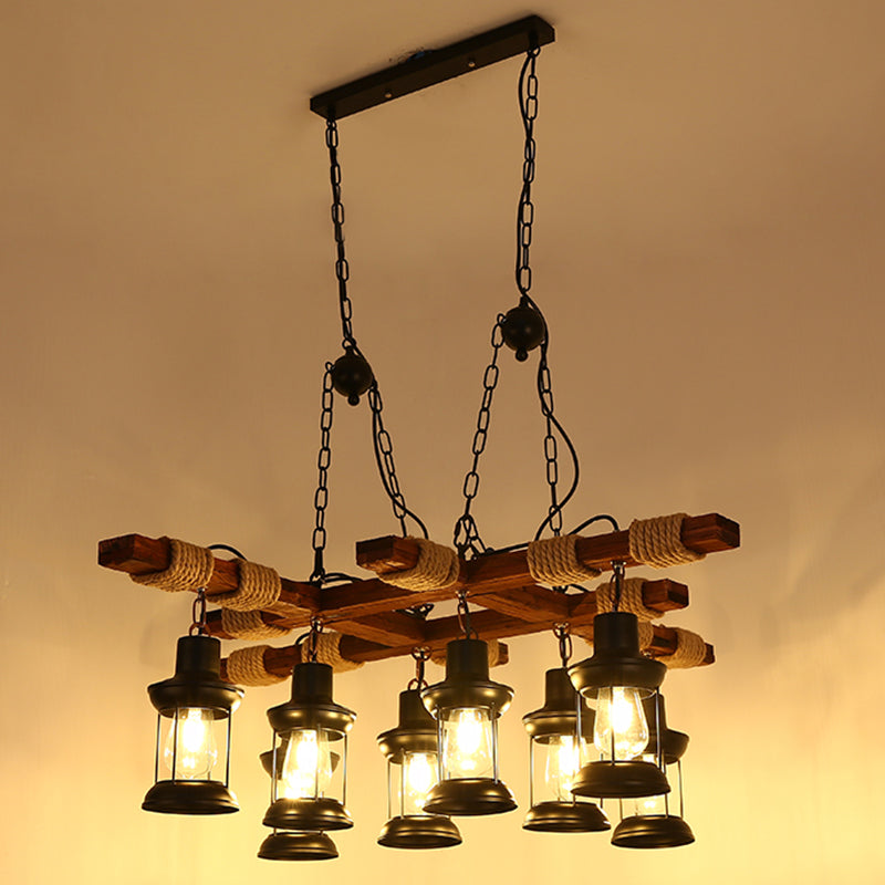 Lantern Iron Ceiling Lighting Nautical Restaurant Chandelier Light Fixture in Wood 8 Wood Clearhalo 'Carpenter Chandeliers' 'Ceiling Lights' 'Chandeliers' 'Industrial Chandeliers' 'Industrial' 'Middle Century Chandeliers' 'Modern' 'Tiffany' Lighting' 2217242