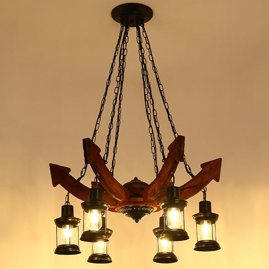 Lantern Iron Ceiling Lighting Nautical Restaurant Chandelier Light Fixture in Wood 6 Wood Clearhalo 'Carpenter Chandeliers' 'Ceiling Lights' 'Chandeliers' 'Industrial Chandeliers' 'Industrial' 'Middle Century Chandeliers' 'Modern' 'Tiffany' Lighting' 2217244