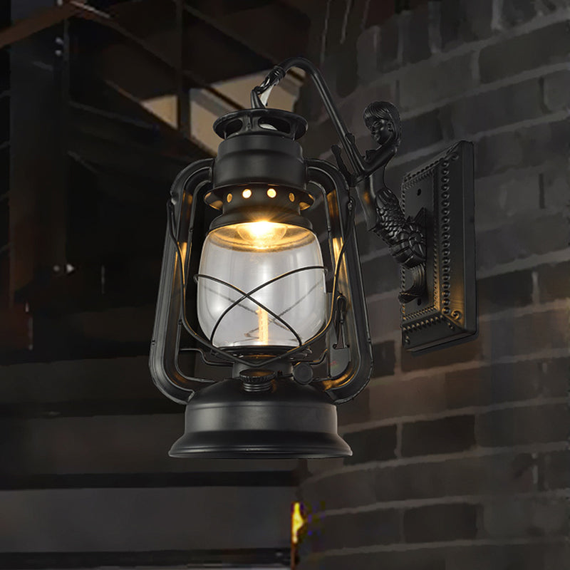 Lantern Shaped Iron Wall Light Retro Style 1-Light Corridor Kerosene Lighting Fixture Black A Clearhalo 'Art deco wall lights' 'Cast Iron' 'Glass' 'Industrial wall lights' 'Industrial' 'Middle century wall lights' 'Modern' 'Rustic wall lights' 'Tiffany' 'Traditional wall lights' 'Wall Lamps & Sconces' 'Wall Lights' Lighting' 2217246