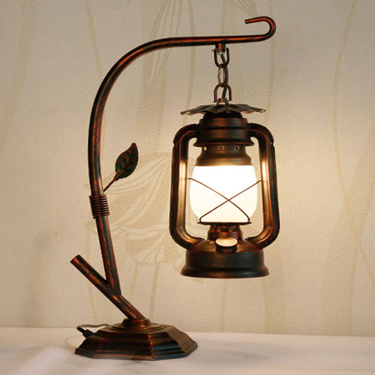 Industrial Lantern Hanging Nightstand Lamp 1 Bulb Iron Kerosene Table Lighting for Bedside Copper Clearhalo 'Lamps' 'Table Lamps' Lighting' 2217295