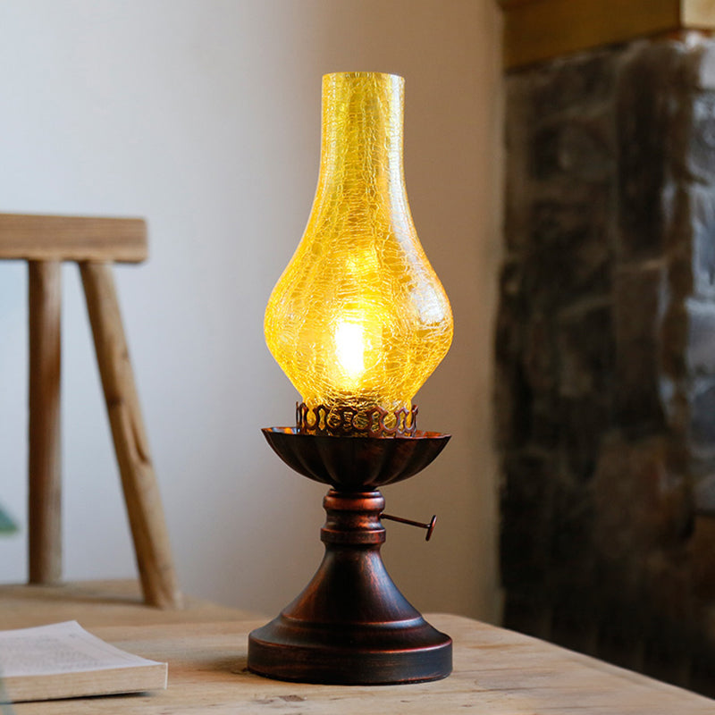 Crackle Glass Chimney Shade Kerosene Light Retro Bedside Table Lighting in Bronze Clearhalo 'Lamps' 'Table Lamps' Lighting' 2217299