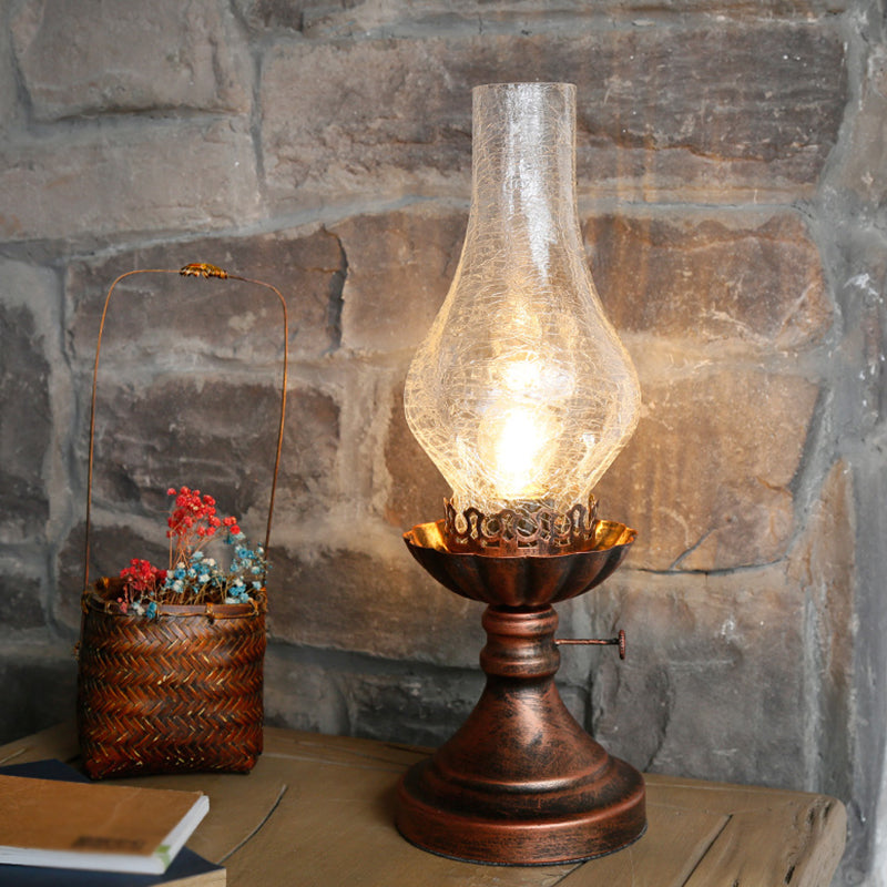 Crackle Glass Chimney Shade Kerosene Light Retro Bedside Table Lighting in Bronze Bronze A Clearhalo 'Lamps' 'Table Lamps' Lighting' 2217300