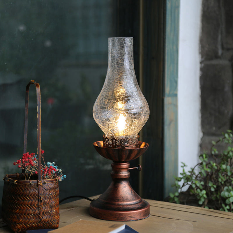 Crackle Glass Chimney Shade Kerosene Light Retro Bedside Table Lighting in Bronze Clearhalo 'Lamps' 'Table Lamps' Lighting' 2217302