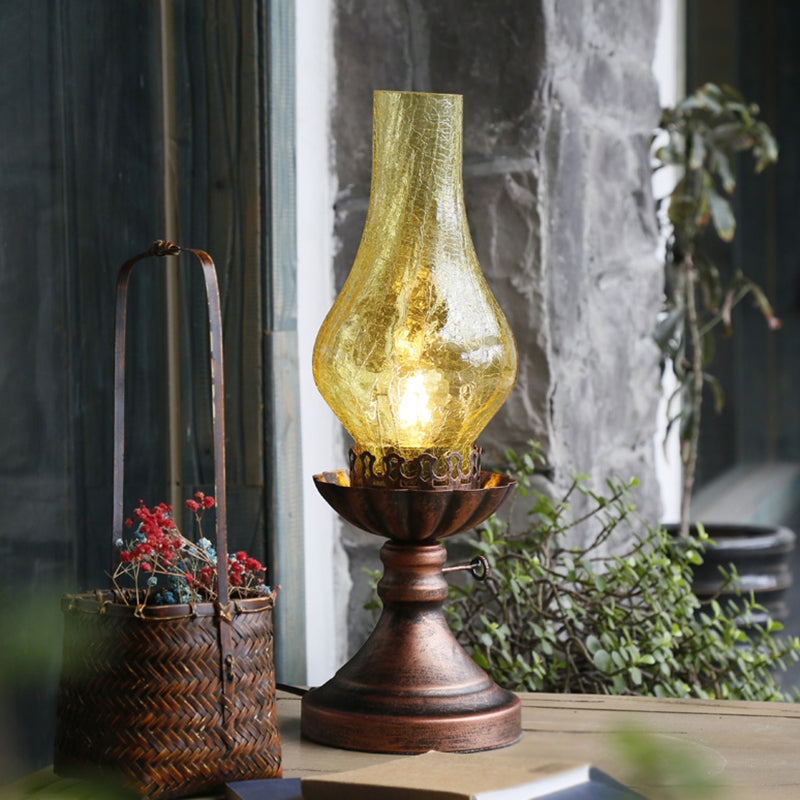 Crackle Glass Chimney Shade Kerosene Light Retro Bedside Table Lighting in Bronze Clearhalo 'Lamps' 'Table Lamps' Lighting' 2217303