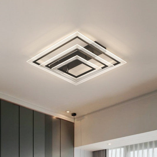 Rectangle Living Room Semi Flush Light Acrylic Minimalist LED Flush Mount Fixture in Black Black 3 Tiers Remote Control Stepless Dimming Clearhalo 'Ceiling Lights' 'Close To Ceiling Lights' 'Close to ceiling' 'Semi-flushmount' Lighting' 2217833