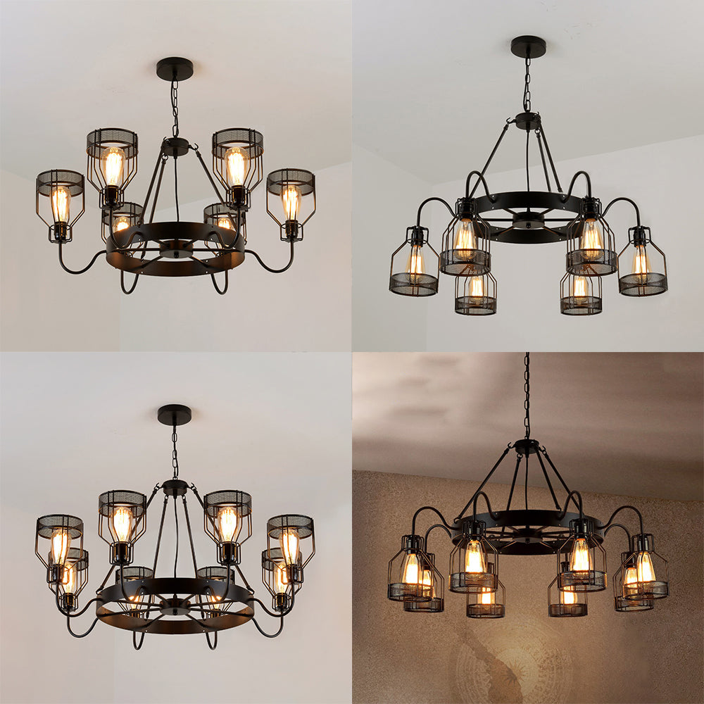 6/8 Lights Chandelier Lighting Retro Style Wire Guard Metal Down/Up Ceiling Light with Bell Shade in Black Clearhalo 'Cast Iron' 'Ceiling Lights' 'Chandeliers' 'Industrial Chandeliers' 'Industrial' 'Metal' 'Middle Century Chandeliers' 'Rustic Chandeliers' 'Tiffany' Lighting' 22179