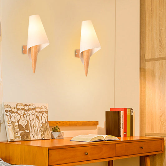 Ice Cream Cone Wall Mounted Light Simplicity Wood Single-Bulb Bedside Wall Light Fixture with White Glass Shade Clearhalo 'Modern wall lights' 'Modern' 'Wall Lamps & Sconces' 'Wall Lights' Lighting' 2218091