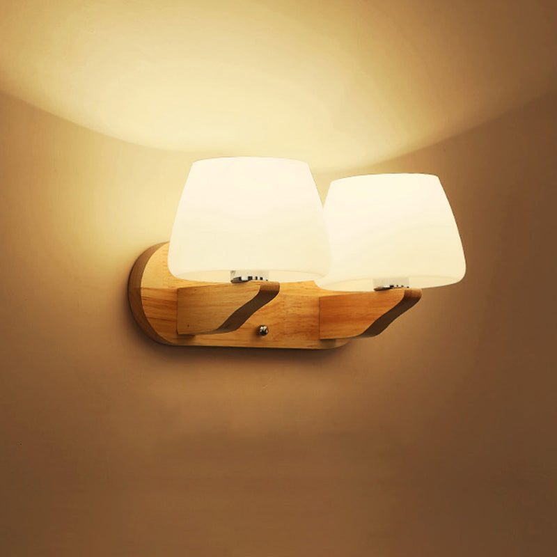 White Glass Bud Wall Sconce Lamp Nordic Style Wall Lighting Fixture with Wooden Backplate 2.0 White Clearhalo 'Modern wall lights' 'Modern' 'Wall Lamps & Sconces' 'Wall Lights' Lighting' 2218094