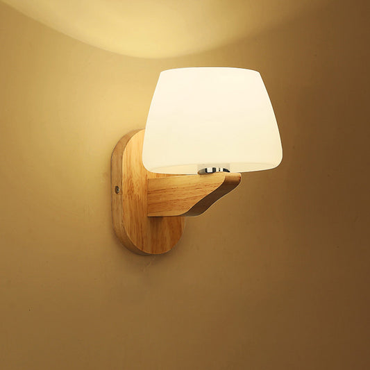 White Glass Bud Wall Sconce Lamp Nordic Style Wall Lighting Fixture with Wooden Backplate 1.0 White Clearhalo 'Modern wall lights' 'Modern' 'Wall Lamps & Sconces' 'Wall Lights' Lighting' 2218095