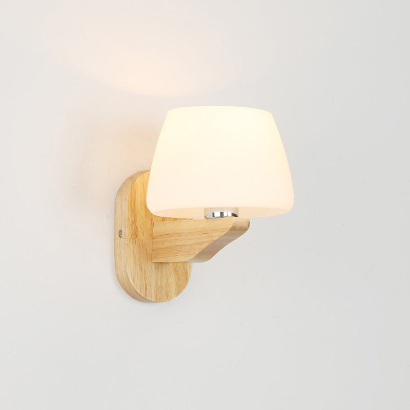 White Glass Bud Wall Sconce Lamp Nordic Style Wall Lighting Fixture with Wooden Backplate Clearhalo 'Modern wall lights' 'Modern' 'Wall Lamps & Sconces' 'Wall Lights' Lighting' 2218098
