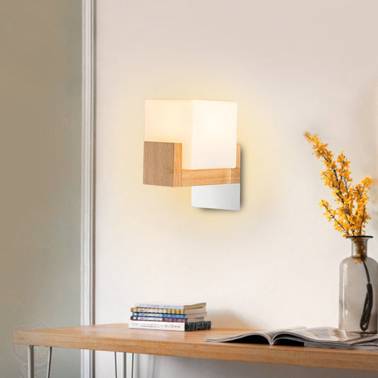 Cube Bedside Wall Sconce Lamp White Glass Single Modern Style Wall Lighting Fixture with Wooden Backplate Clearhalo 'Modern wall lights' 'Modern' 'Wall Lamps & Sconces' 'Wall Lights' Lighting' 2218099