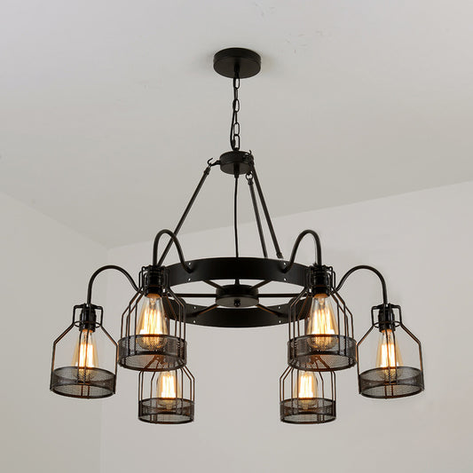 6/8 Lights Chandelier Lighting Retro Style Wire Guard Metal Down/Up Ceiling Light with Bell Shade in Black 6 Black Down Clearhalo 'Cast Iron' 'Ceiling Lights' 'Chandeliers' 'Industrial Chandeliers' 'Industrial' 'Metal' 'Middle Century Chandeliers' 'Rustic Chandeliers' 'Tiffany' Lighting' 22180