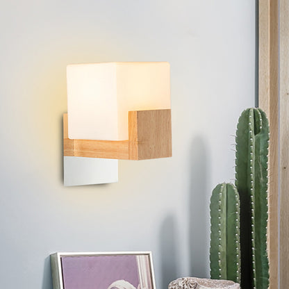 Cube Bedside Wall Sconce Lamp White Glass Single Modern Style Wall Lighting Fixture with Wooden Backplate White Clearhalo 'Modern wall lights' 'Modern' 'Wall Lamps & Sconces' 'Wall Lights' Lighting' 2218100