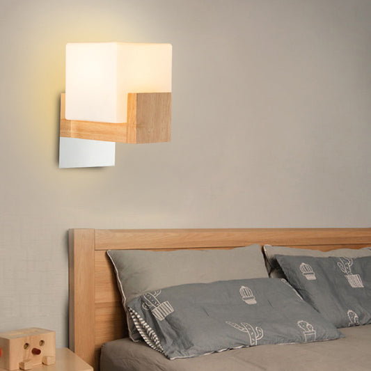 Cube Bedside Wall Sconce Lamp White Glass Single Modern Style Wall Lighting Fixture with Wooden Backplate Clearhalo 'Modern wall lights' 'Modern' 'Wall Lamps & Sconces' 'Wall Lights' Lighting' 2218101