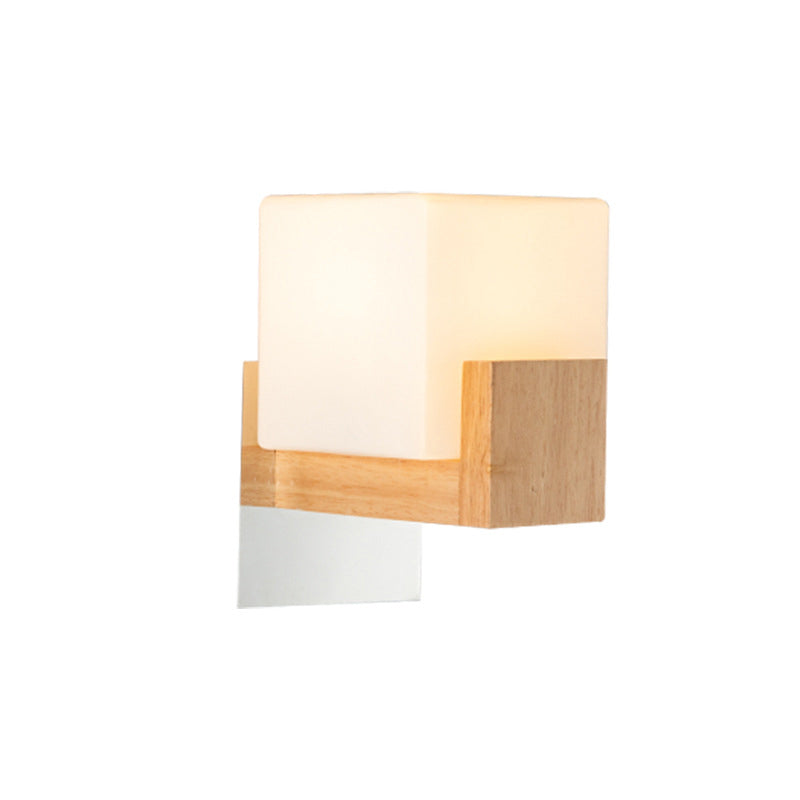 Cube Bedside Wall Sconce Lamp White Glass Single Modern Style Wall Lighting Fixture with Wooden Backplate Clearhalo 'Modern wall lights' 'Modern' 'Wall Lamps & Sconces' 'Wall Lights' Lighting' 2218103