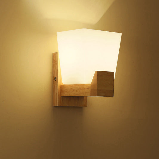 Simplicity Trapezoid Wall Sconce Light White Glass Bedside Wall Mount Lighting with Wood Backplate 1.0 White Clearhalo 'Modern wall lights' 'Modern' 'Wall Lamps & Sconces' 'Wall Lights' Lighting' 2218104