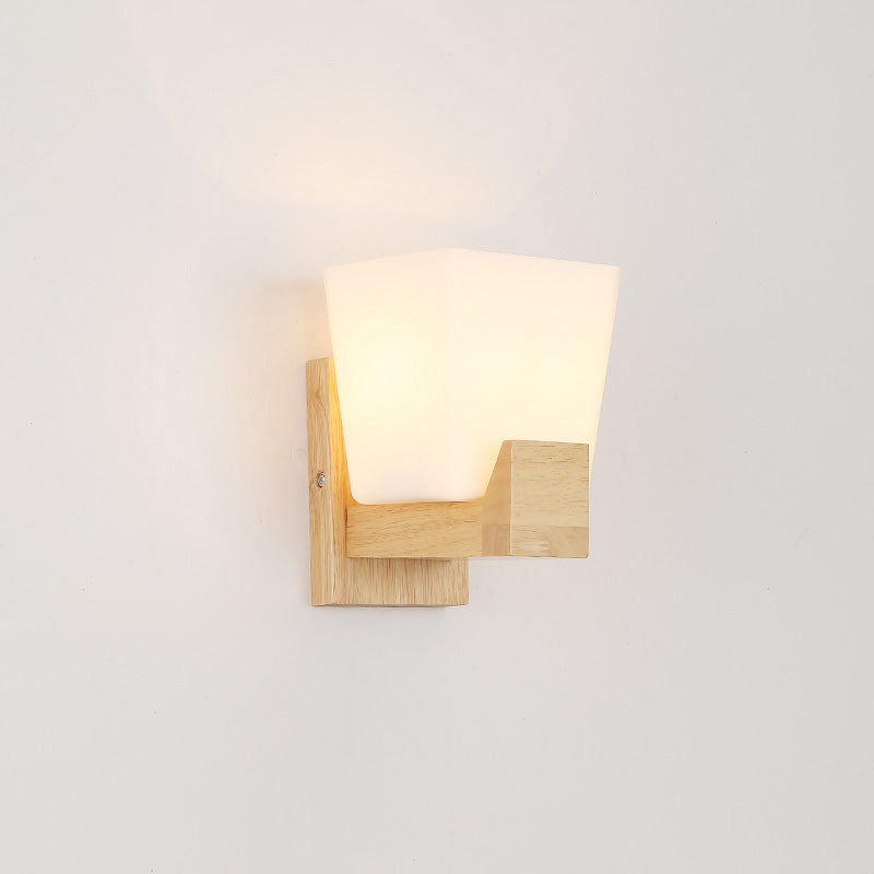 Simplicity Trapezoid Wall Sconce Light White Glass Bedside Wall Mount Lighting with Wood Backplate Clearhalo 'Modern wall lights' 'Modern' 'Wall Lamps & Sconces' 'Wall Lights' Lighting' 2218107